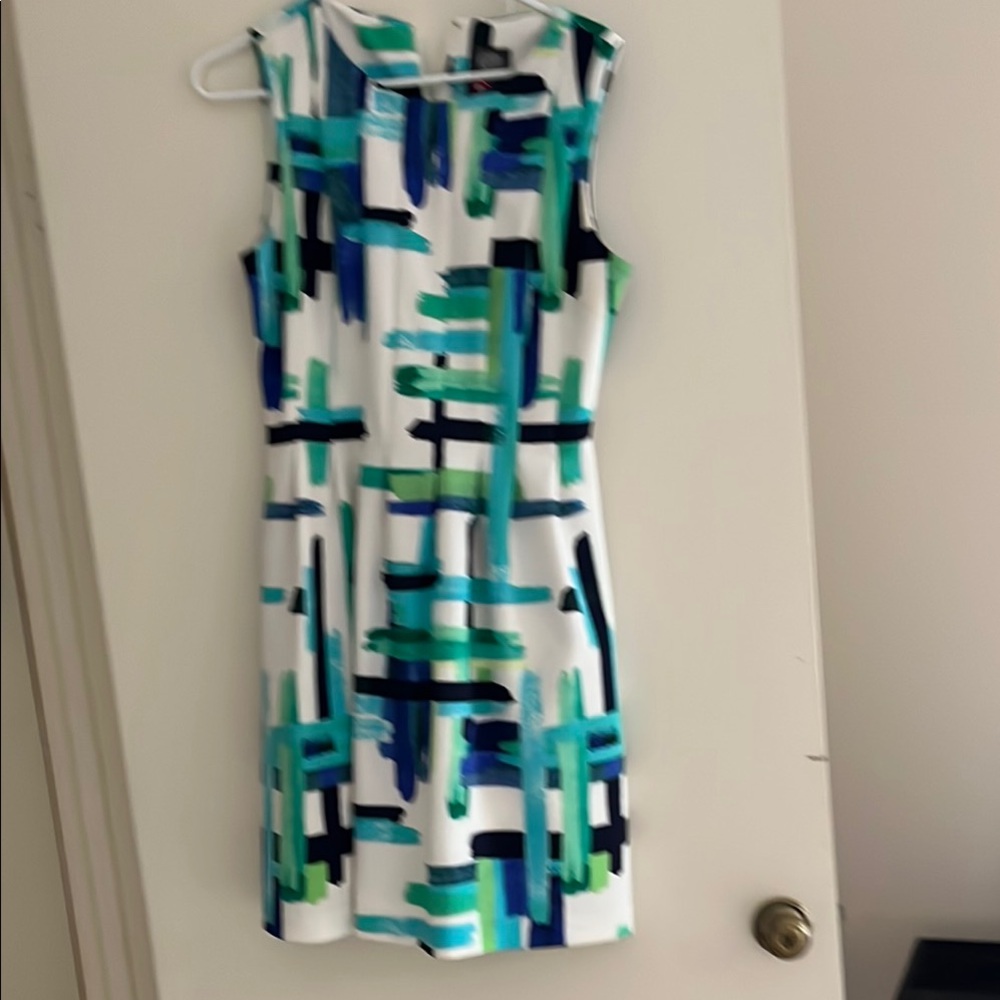 Vince Camuto White Shift Dress with Blue and Green Brushstroke Print